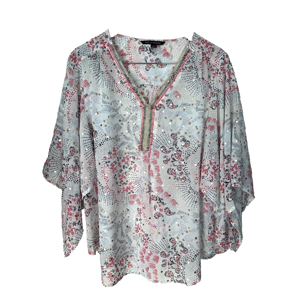 Zac & Rachel Blouse Womens Large Kimono Sleeve Crochet Inset Glitter Paisely